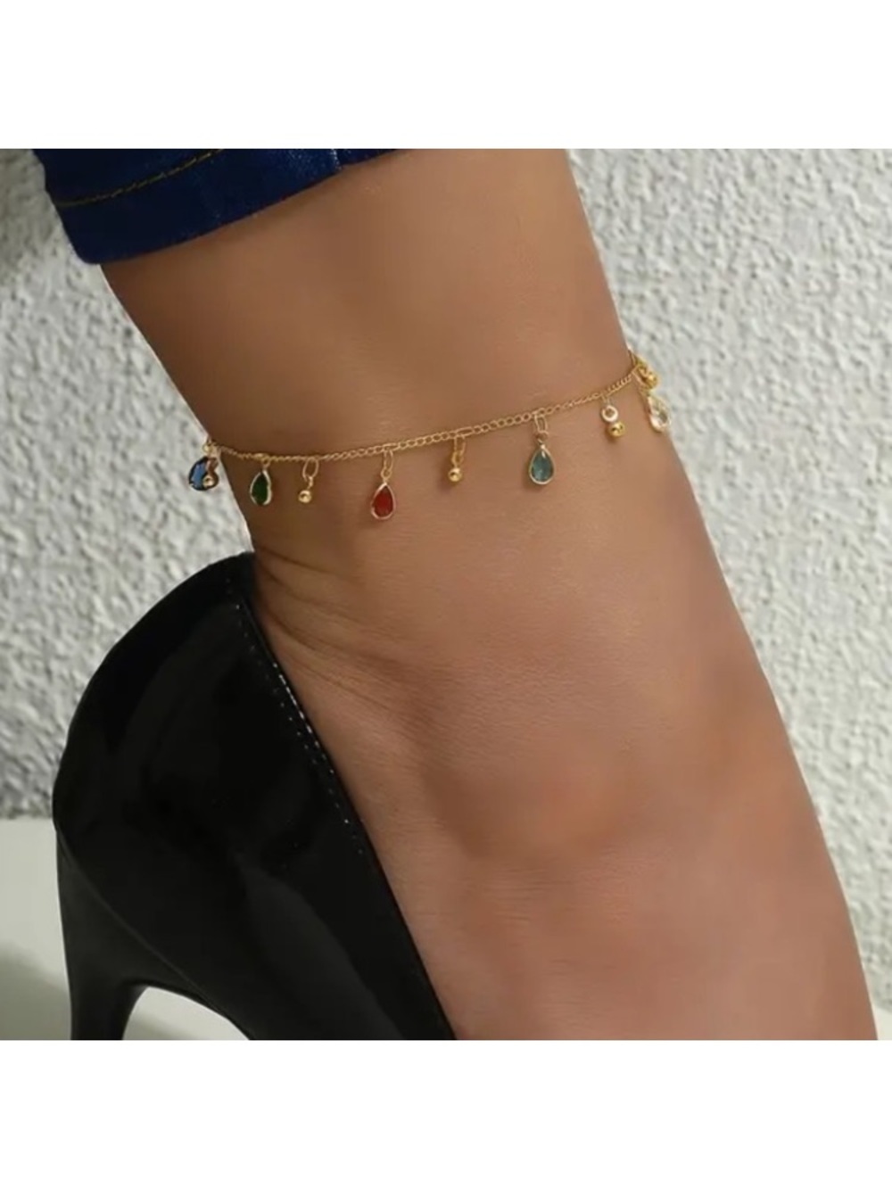 Multi Color Dangle Teardrop Gold Toned Anklet